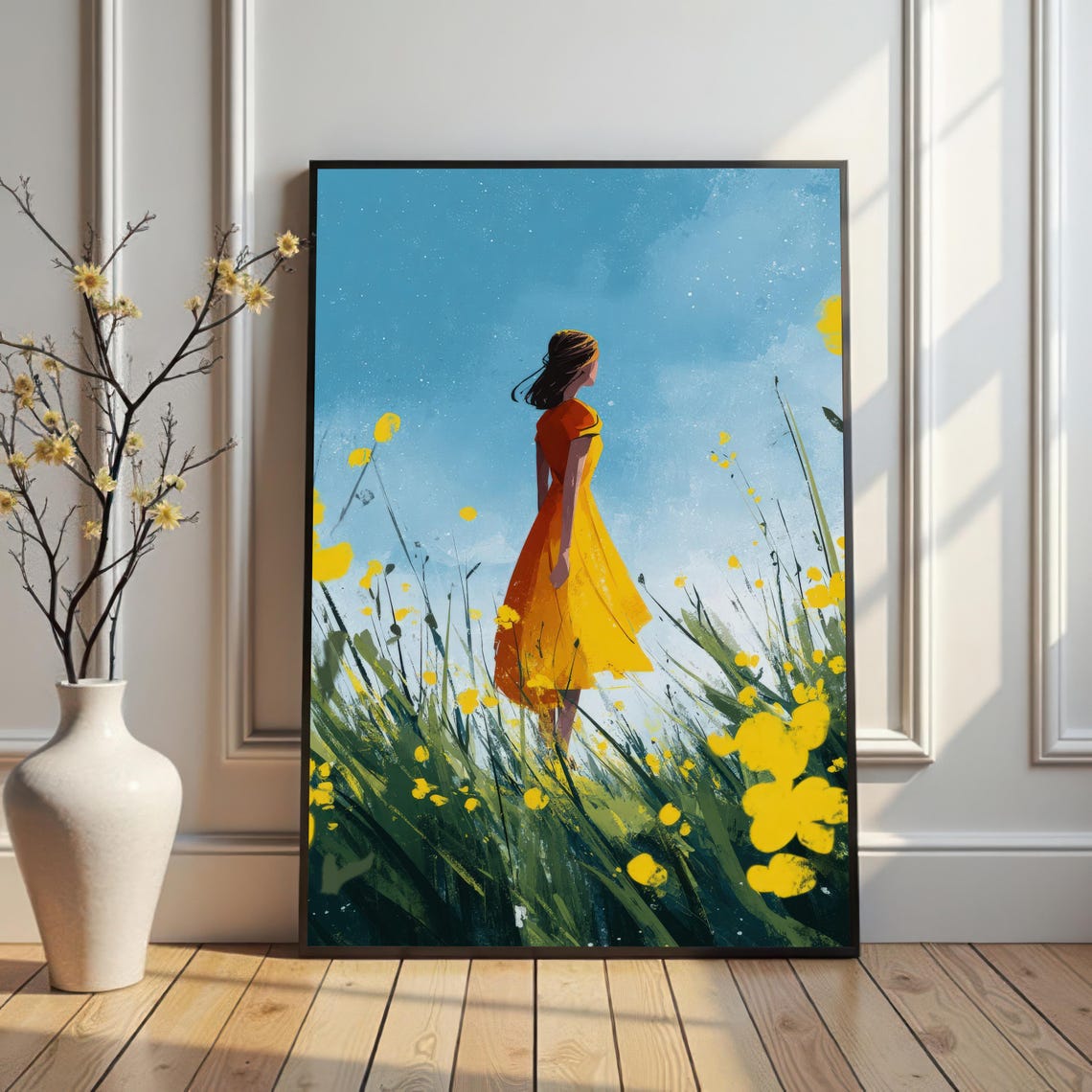 Girl In Yellow Dress Flower Field Art Print Nature Wall Decor Vibrant Poster For Bedroom Living Room