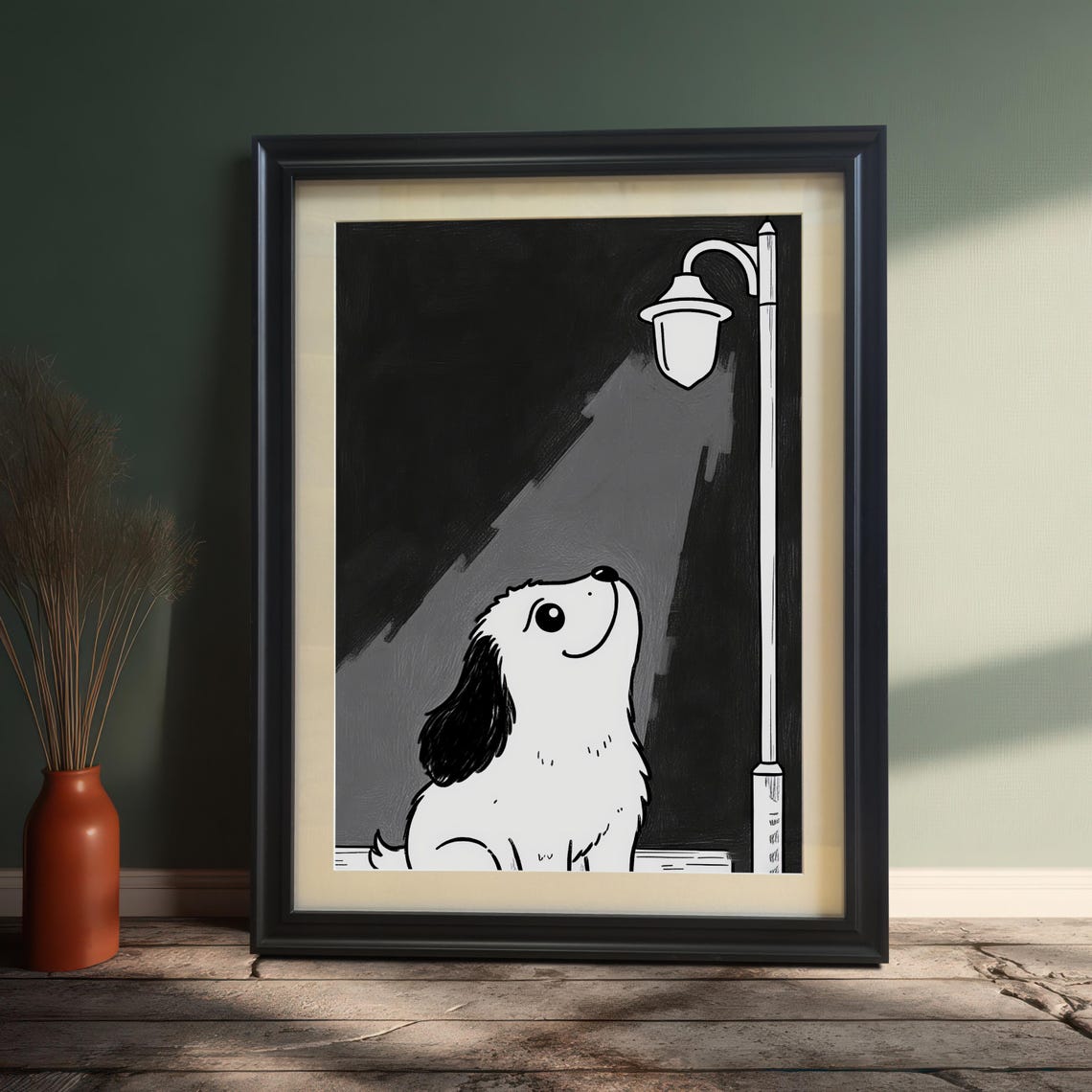 Cute Cartoon Puppy Under Streetlamp On A Night Stroll Wall Art