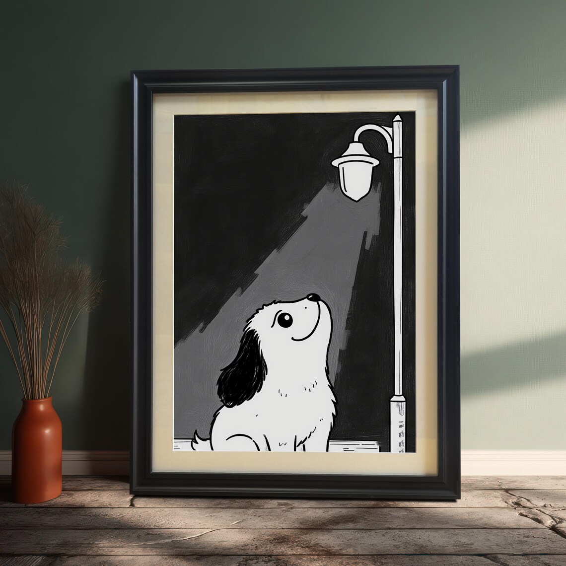 Puppy Under Streetlamp Framed Art Black And White Minimalist Print