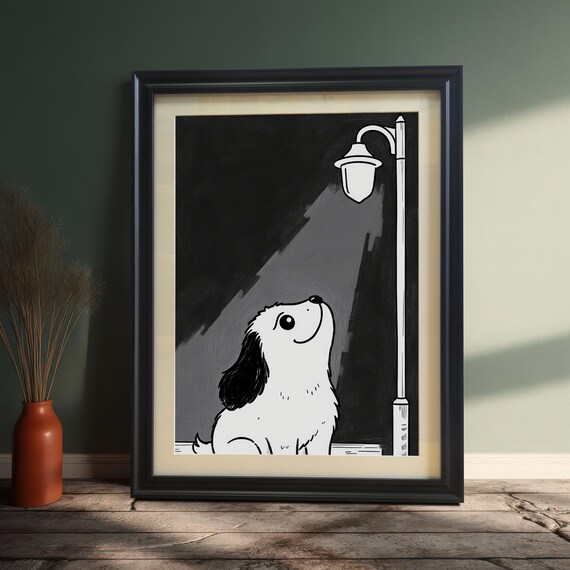 Puppy Under Streetlamp Framed Art Black And White Minimalist Print