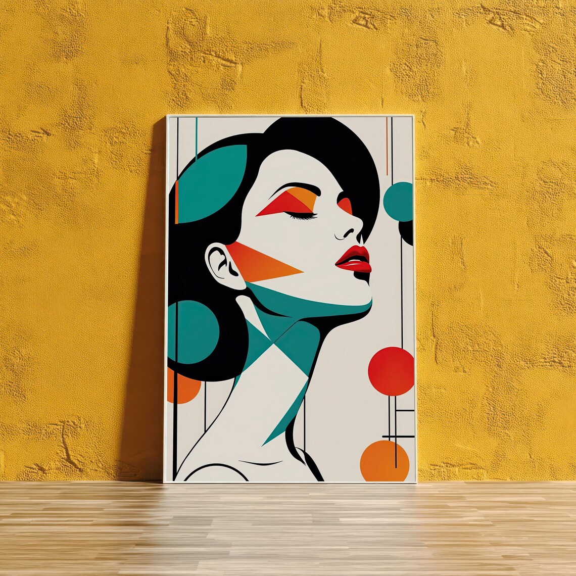 Woman Profile Geometric Teal Orange Circles Modern Abstract Art Wall Poster
