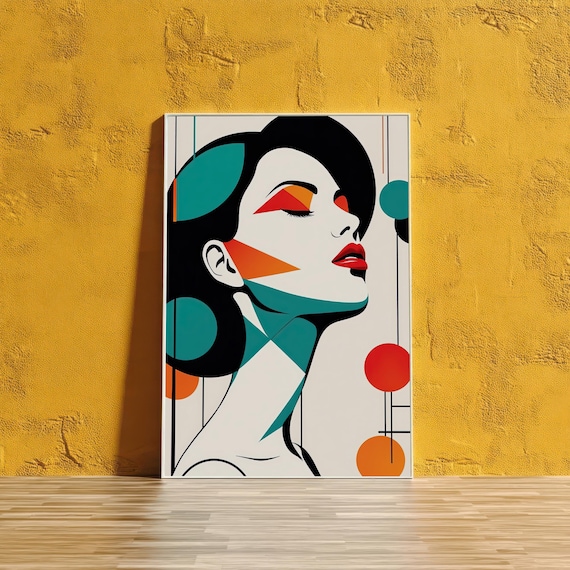 Woman Profile Geometric Teal Orange Circles Modern Abstract Art Wall Poster