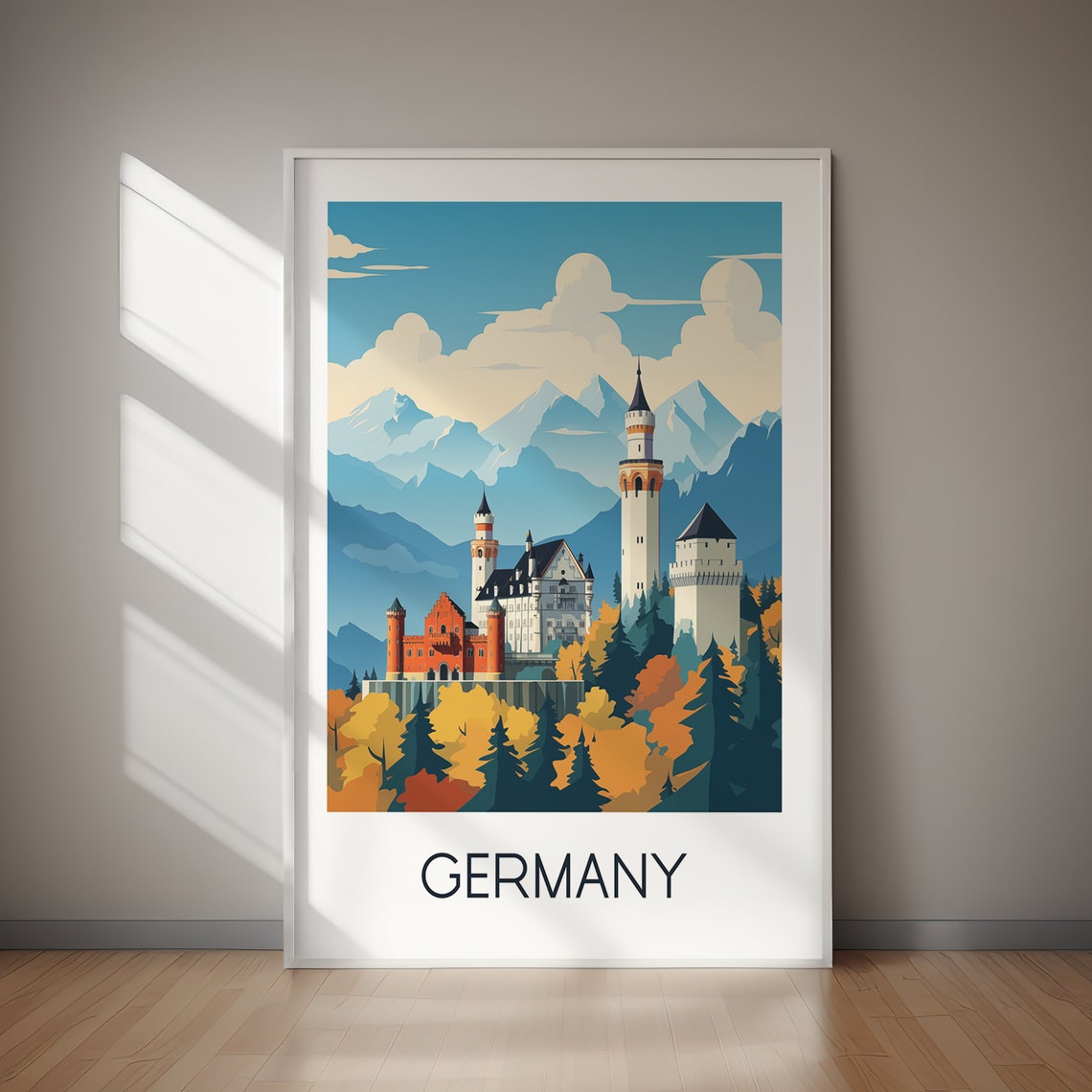 Germany Fairytale Castle Alpine Mountains Vintage Travel Poster