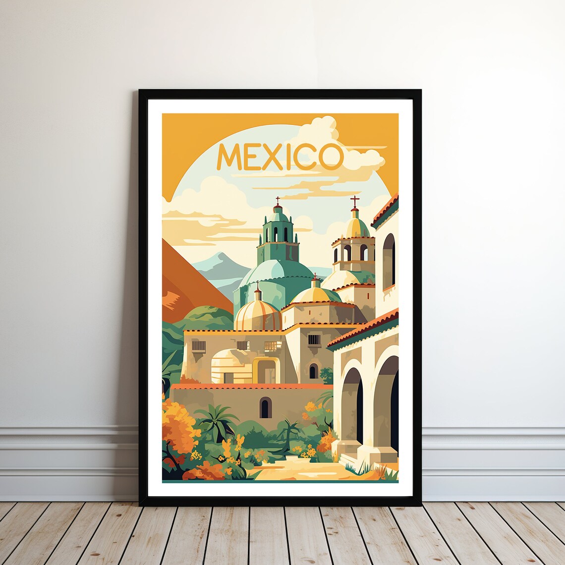 Mexico Colonial Church Domes Gardens Retro Style Travel Poster
