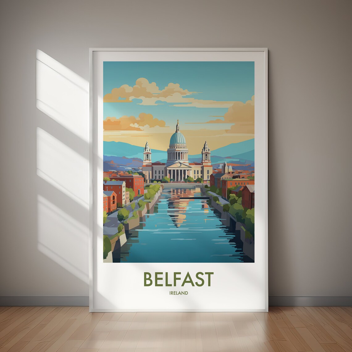 Belfast Ireland Domed Building River Golden Sunset Travel Poster