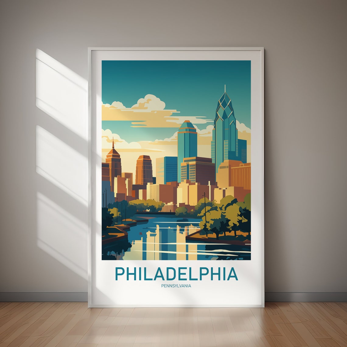 Philadelphia Pennsylvania Skyline River Reflection Travel Poster