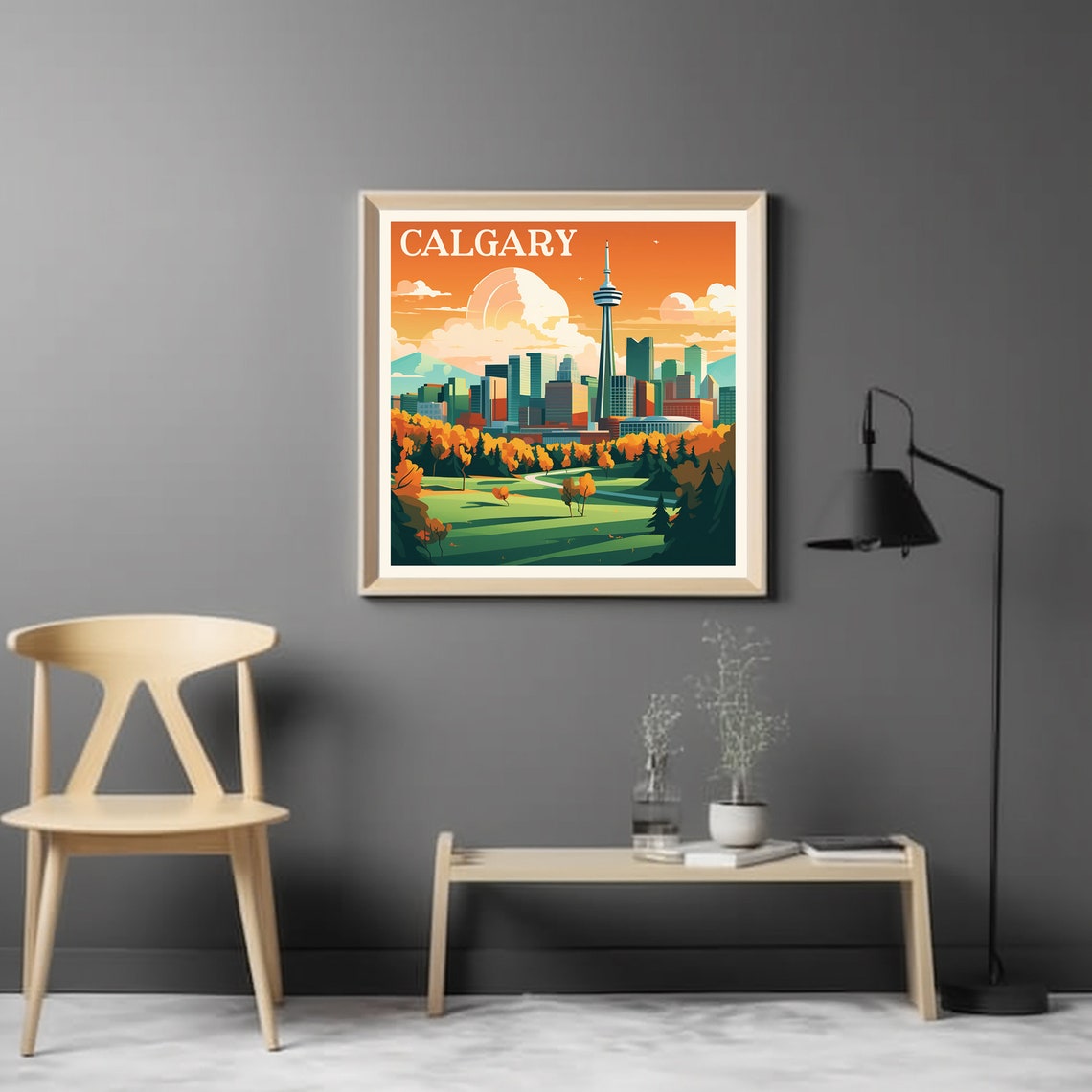 Calgary Canada Downtown Tower Skyline Sunset Retro Travel Poster