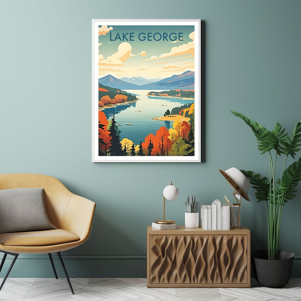 Lake George Autumn Foliage Boats Mountain Lake Travel Art Poster
