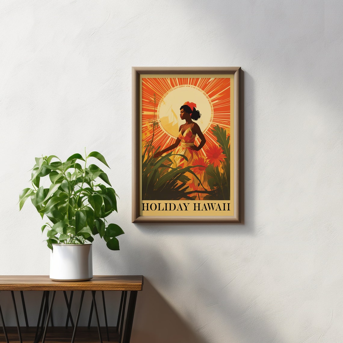 Holiday Hawaii Vintage Woman Orange Sunburst Tropical Poster - Image 2