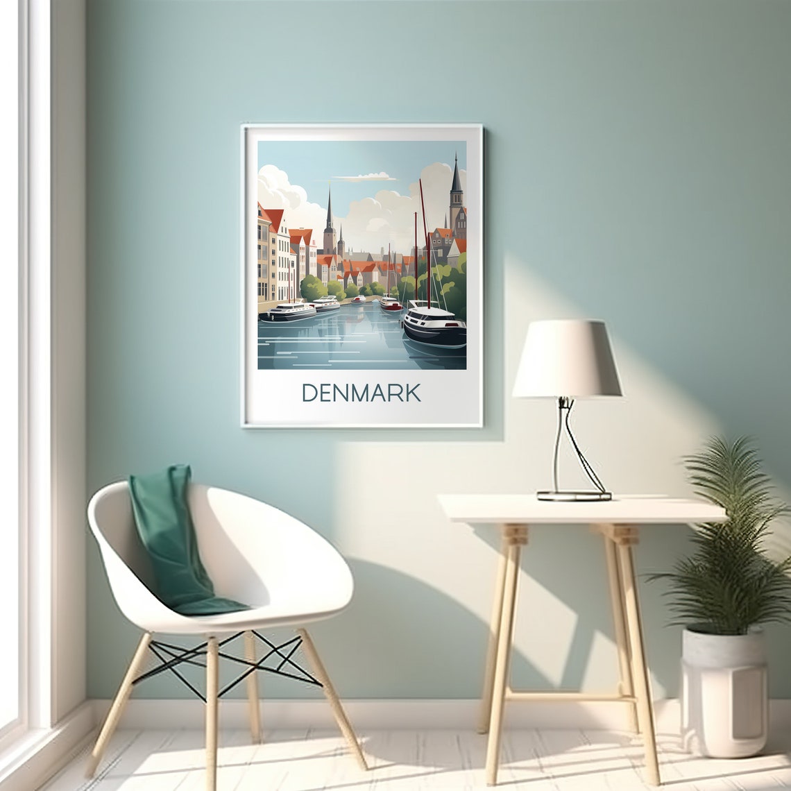 Denmark Harbor Sailboats Church Spires Retro Style Travel Poster