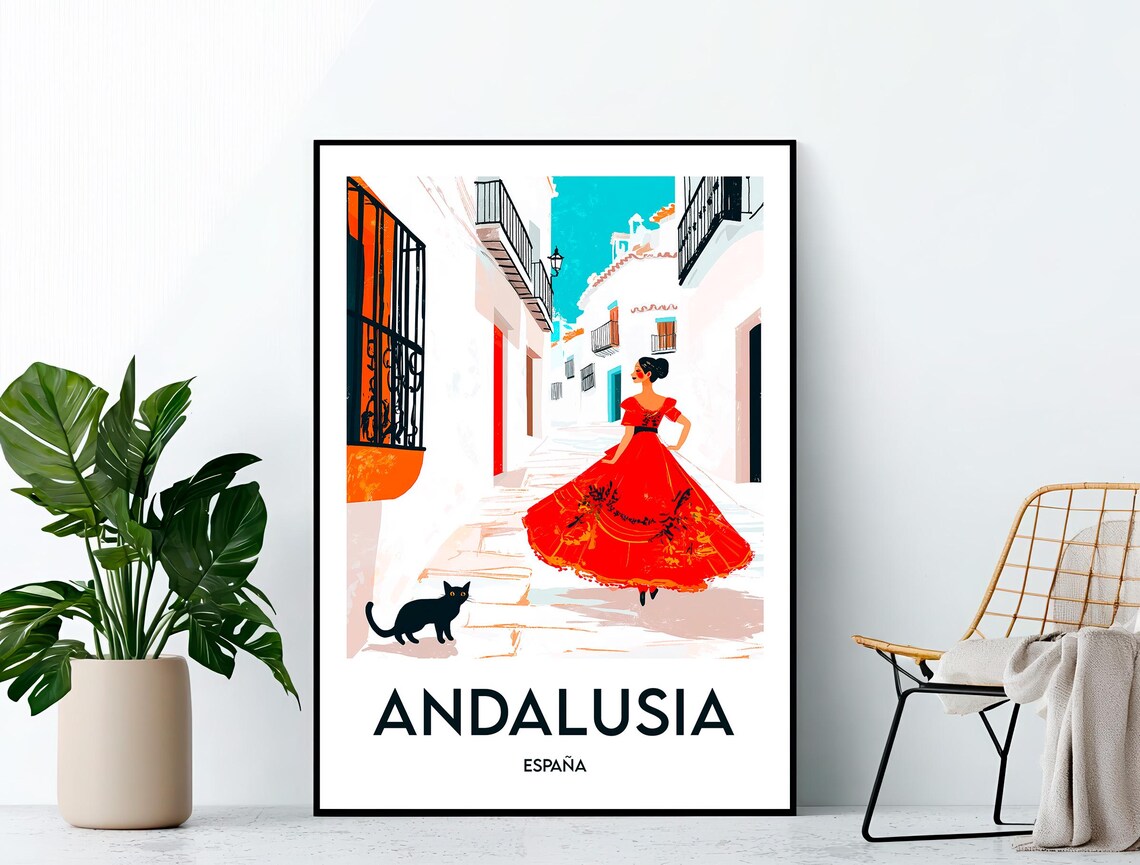 Andalusia Spain Flamenco Dancer Red Dress Vintage Travel Poster Art