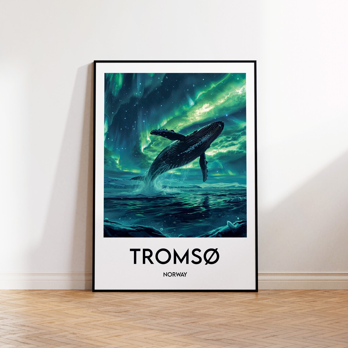 Tromso Norway Whale Breaching Under Northern Lights Travel Poster