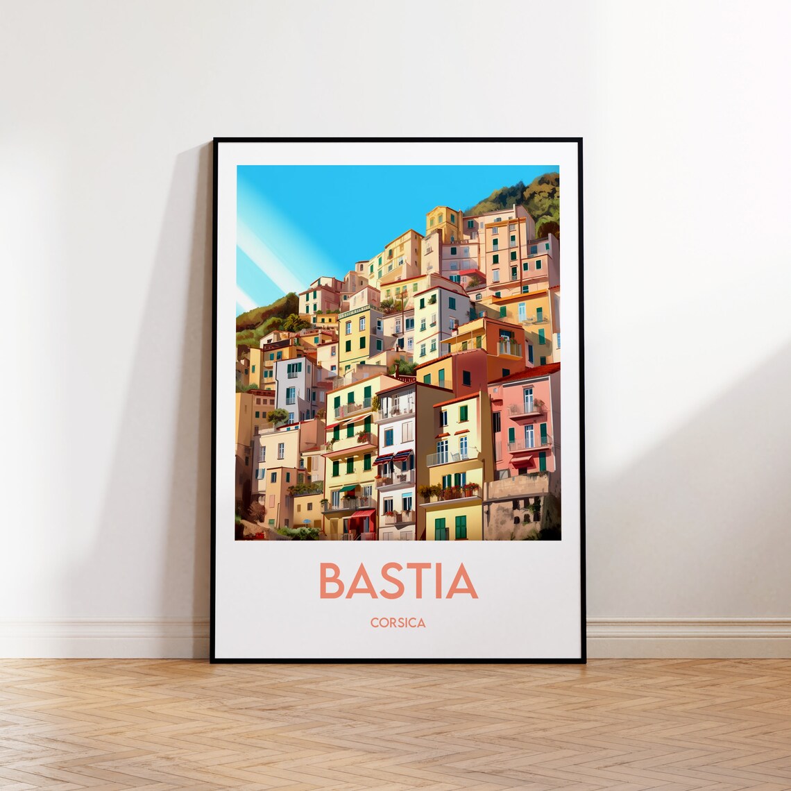 Bastia Corsica Colorful Hillside Old Town Houses Travel Poster