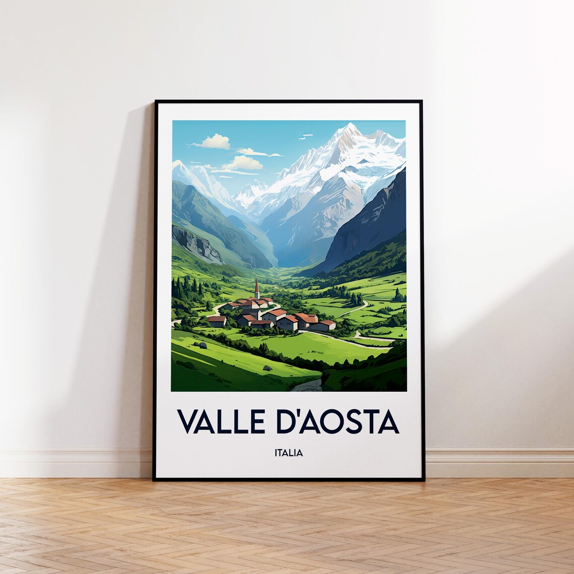 Valle DAosta Italy Alpine Village Snow Capped Peaks Travel Poster