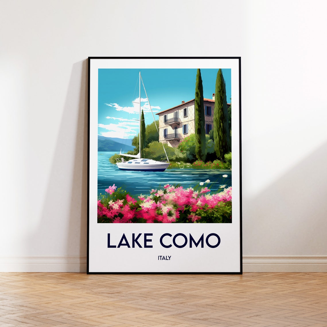 Lake Como Italy Villa Sailboat Lakeside Scenic Travel Poster
