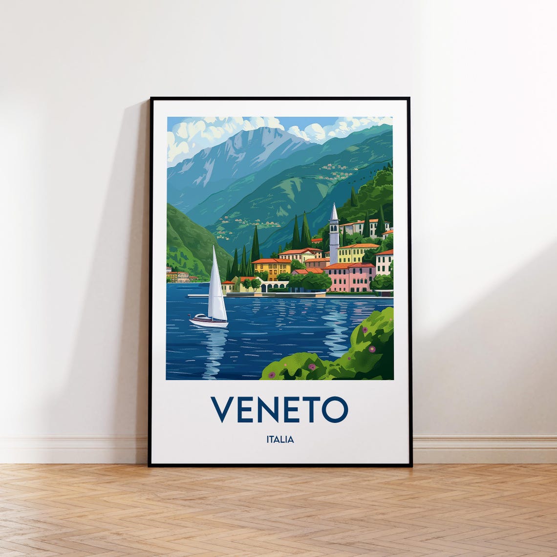 Veneto Italia Lakeside Village Sailboat Vintage Travel Poster