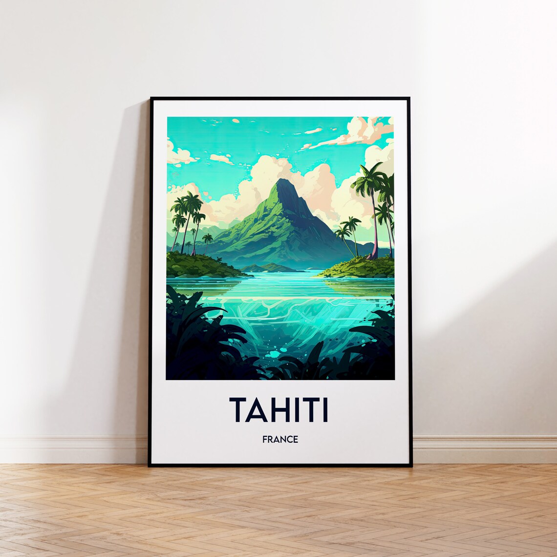 Tahiti France Tropical Island Mountain Beach Vintage Travel Poster