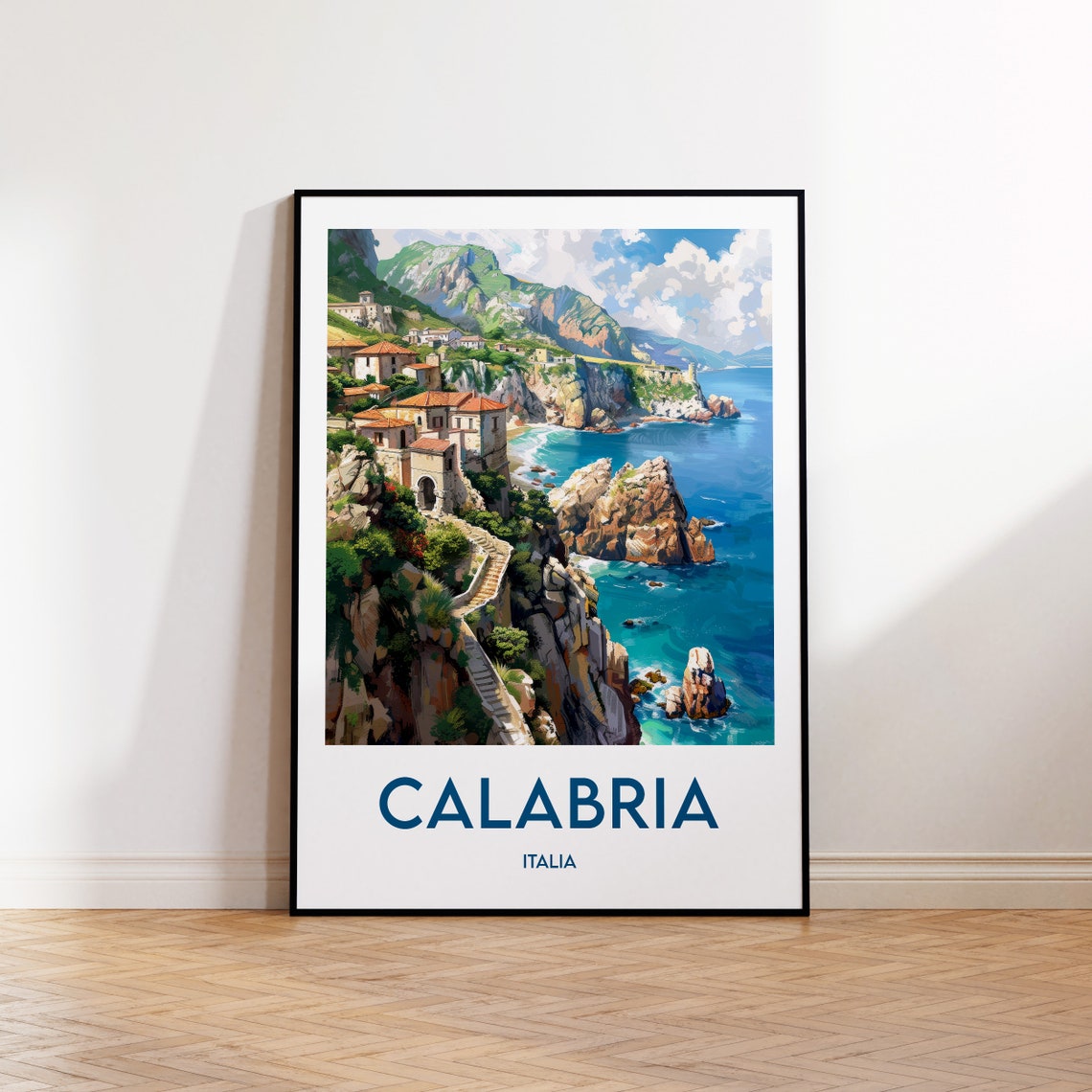 Calabria Italy Cliffside Village Over a Sparkling Turquoise Sea Poster