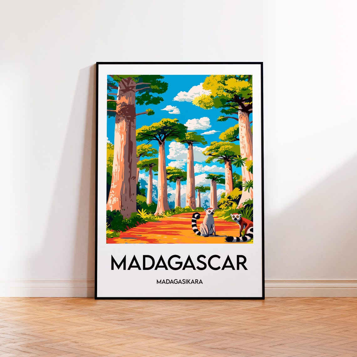 Madagascar Baobab Trees and Playful Lemurs Colorful Travel Poster