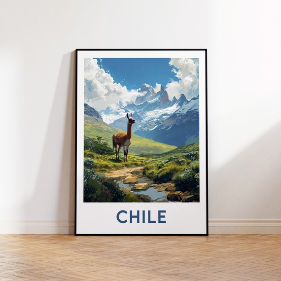 Chile Patagonia Guanaco Andes Mountain Landscape Travel Poster