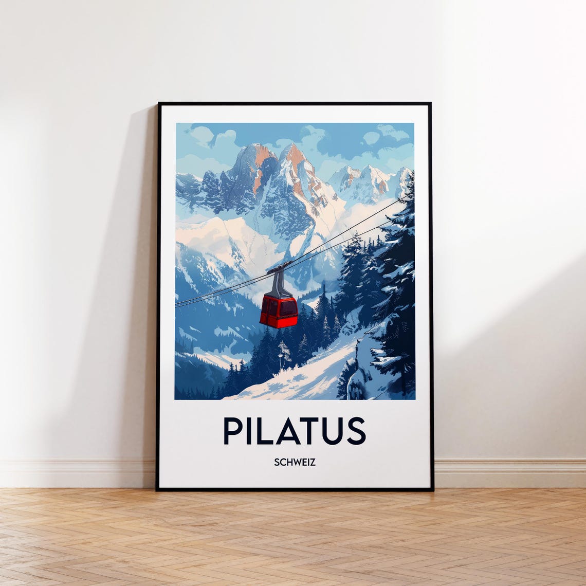 Pilatus Schweiz Red Gondola Alpine Snow Peaks Vintage Travel Poster