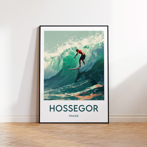 Hossegor France Surfer Riding Big Wave Vintage Travel Poster