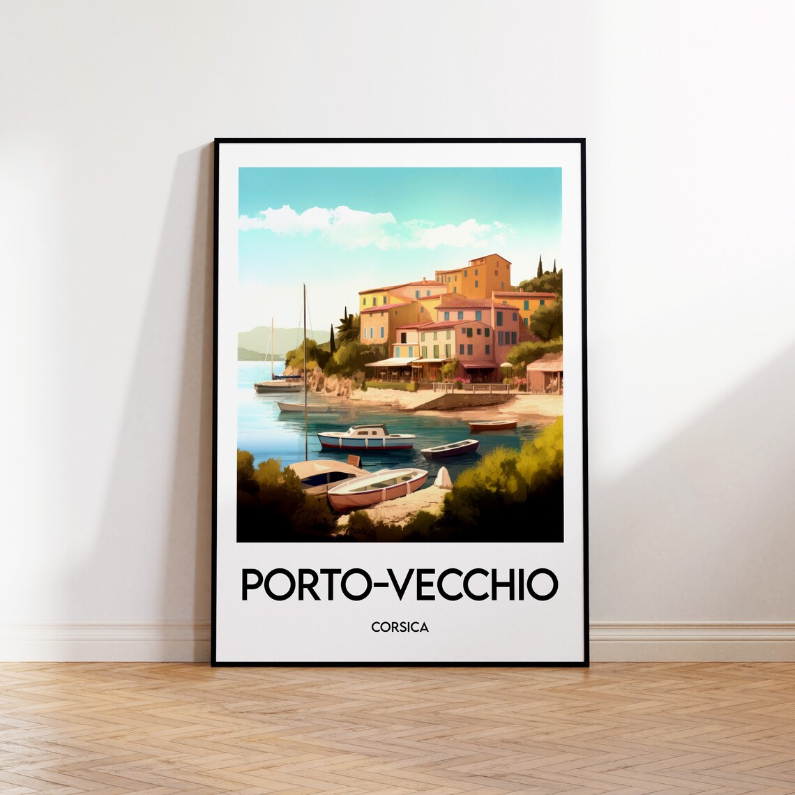 Porto Vecchio Corsica Sunny Harbor Boats Retro Travel Art Poster