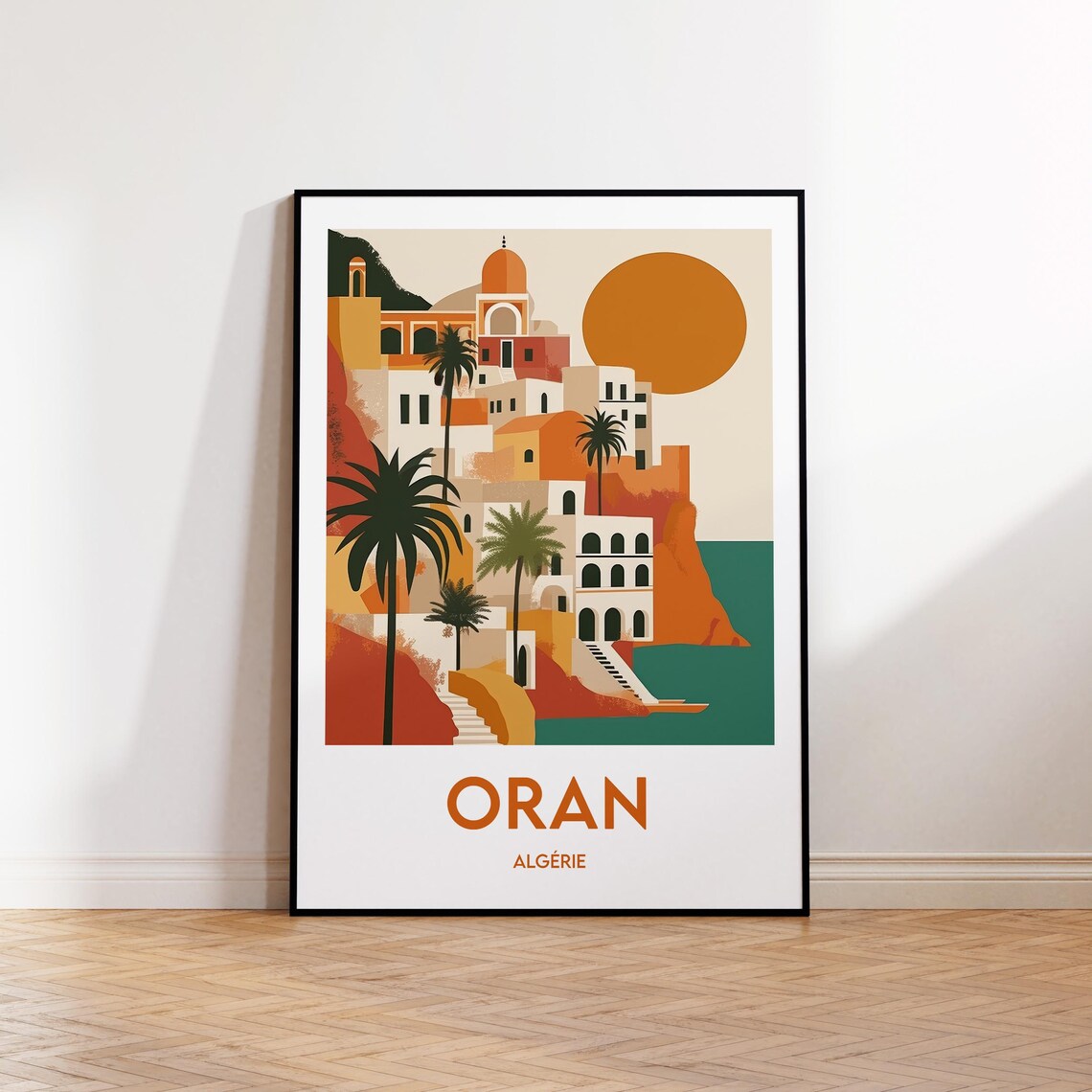 Oran Algeria Vintage Travel Poster With Sunny Coastal City Sunset