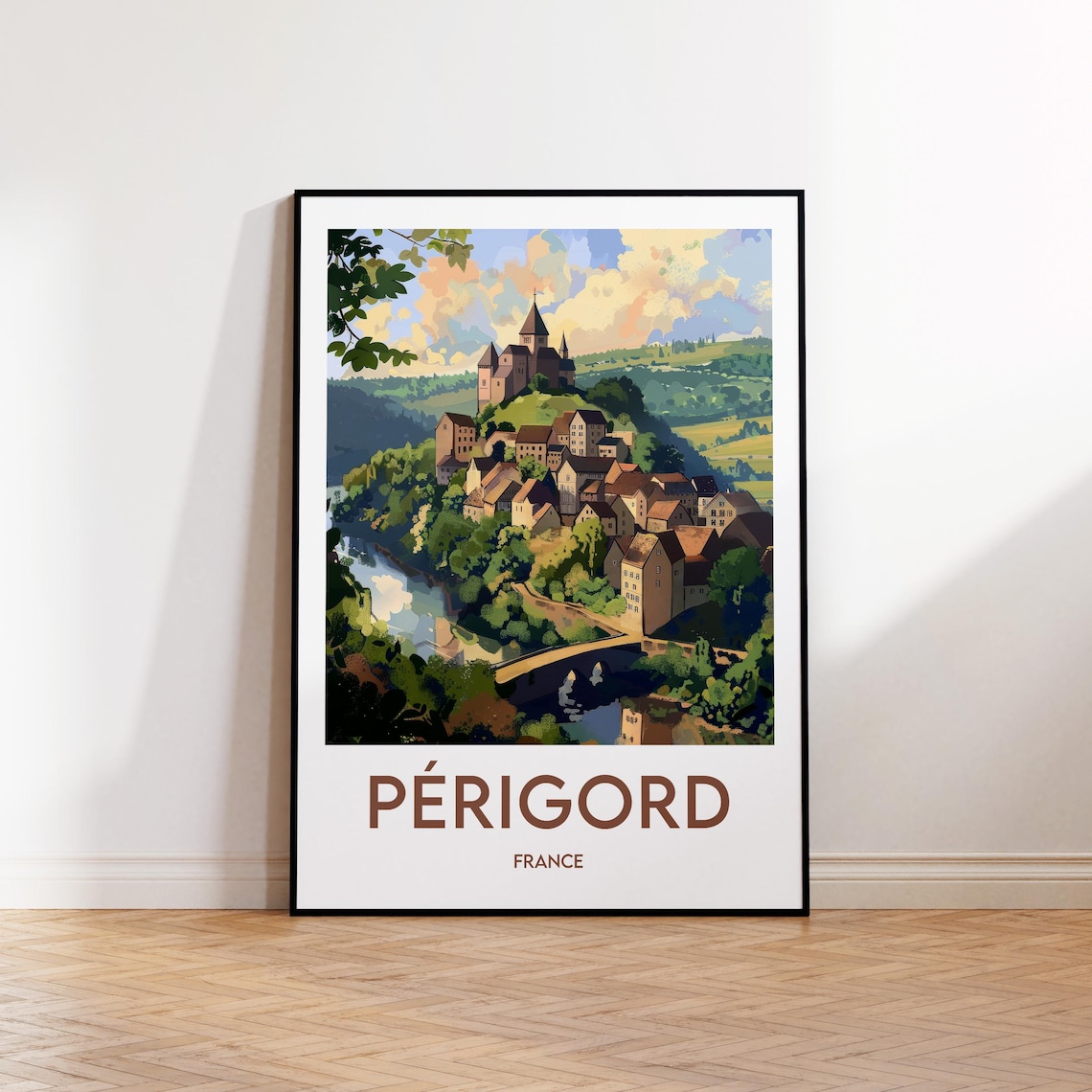 Perigord France Hilltop Castle Village Over The River Travel Poster