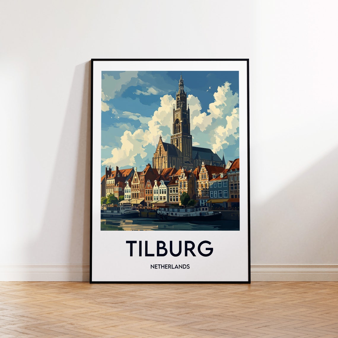 Tilburg Netherlands Canal Houses Church Tower Vintage Travel Poster