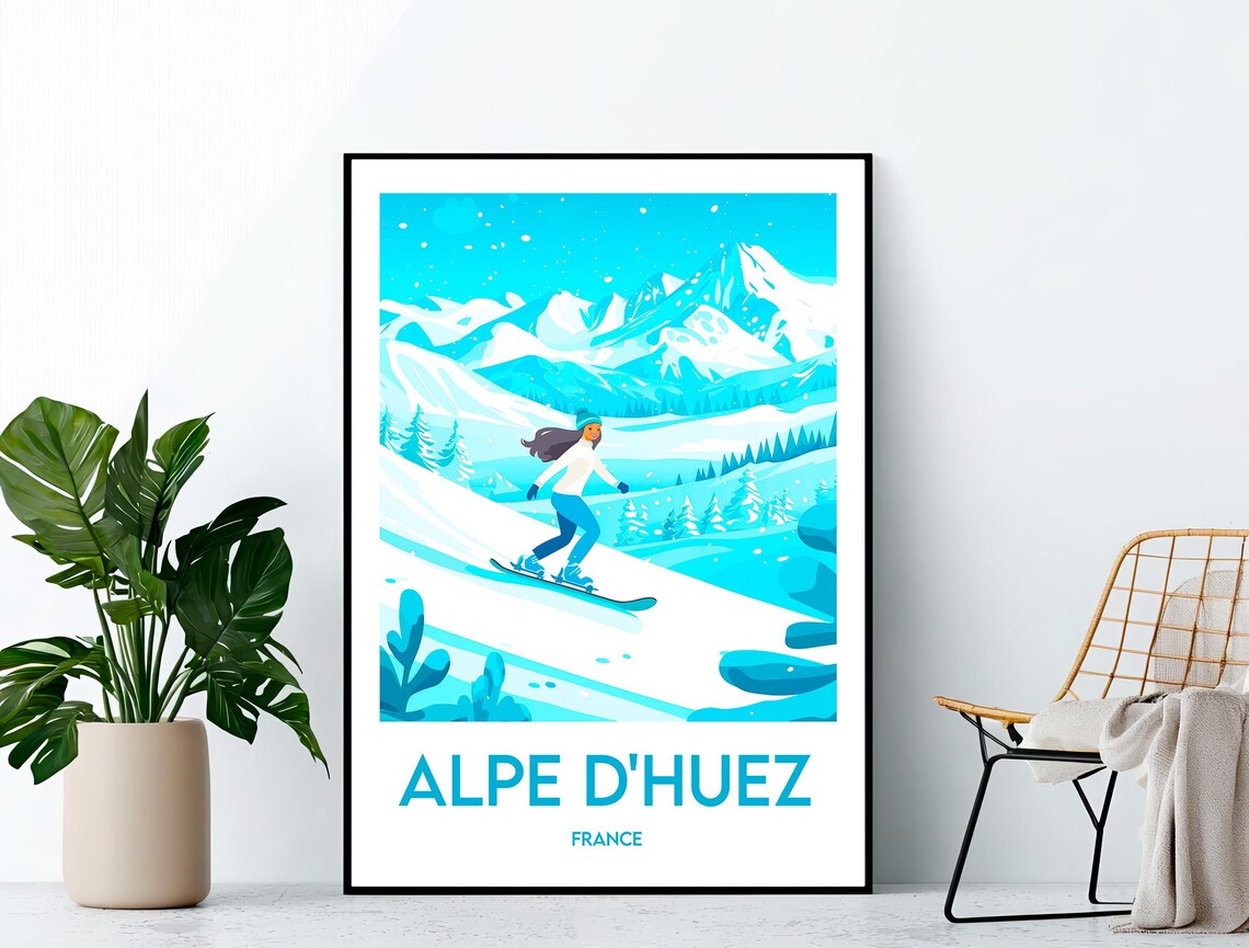 Alpe d'Huez France Snowboarder on Alpine Slopes Vintage Travel Poster