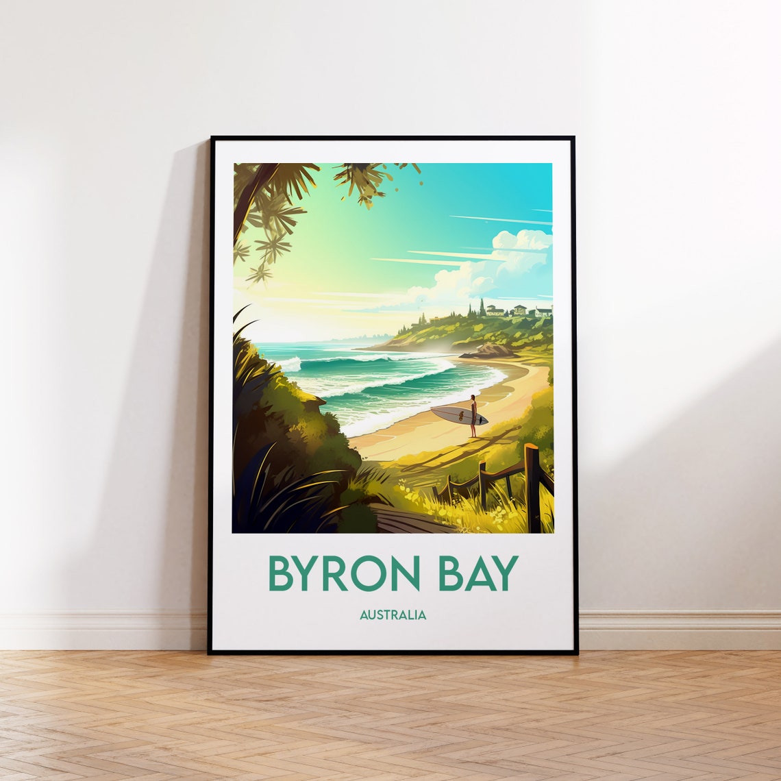 Byron Bay Australia Beach Travel Poster with Surfer and Waves