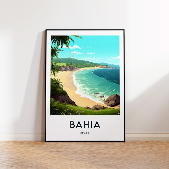 Bahia Brazil Tropical Beach Palm Cove Waves Vintage Travel Poster