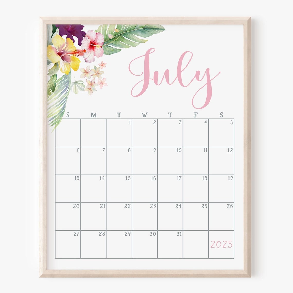 July 2025 Calendar Tropical Hibiscus Flowers Pink Monthly Planner