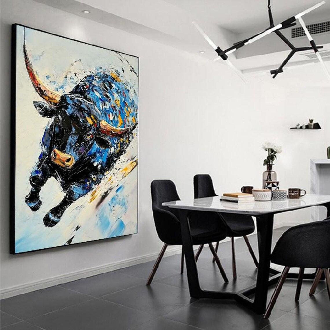 Powerful Charging Bull Abstract Blue Impasto Oil Painting Art Poster - Image 3