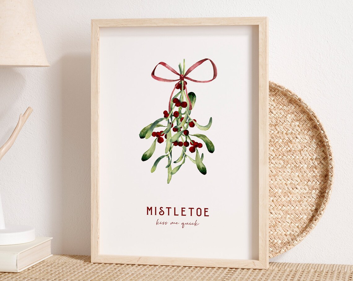 Mistletoe Kiss Me Quick Watercolor Botanical Christmas Poster