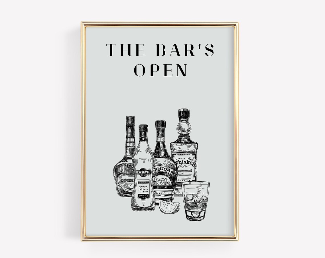 The Bars Open Vintage Liquor Bottles Sketch Bar Cart Decor Poster