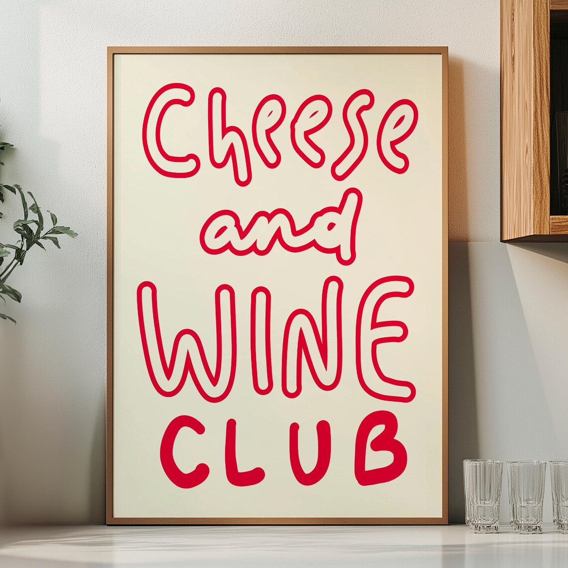 Cheese and Wine Club Bold Red Bubble Letter Fun Kitchen Poster