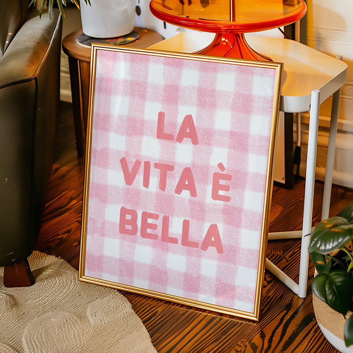 La Vita E Bella Pink Check Italian Quote Art Print