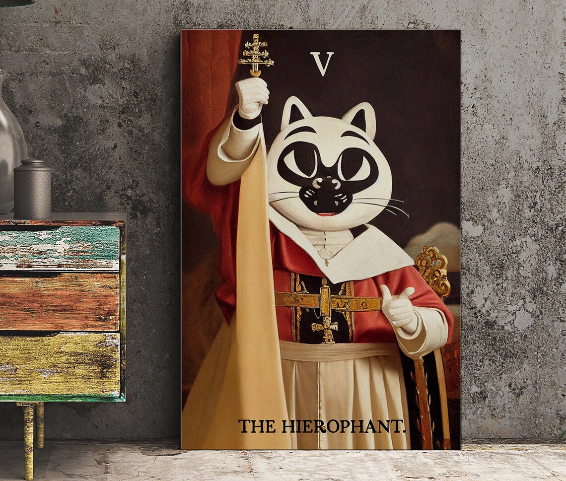 The Hierophant Cat Tarot Card Whimsical Pope Feline Art Poster