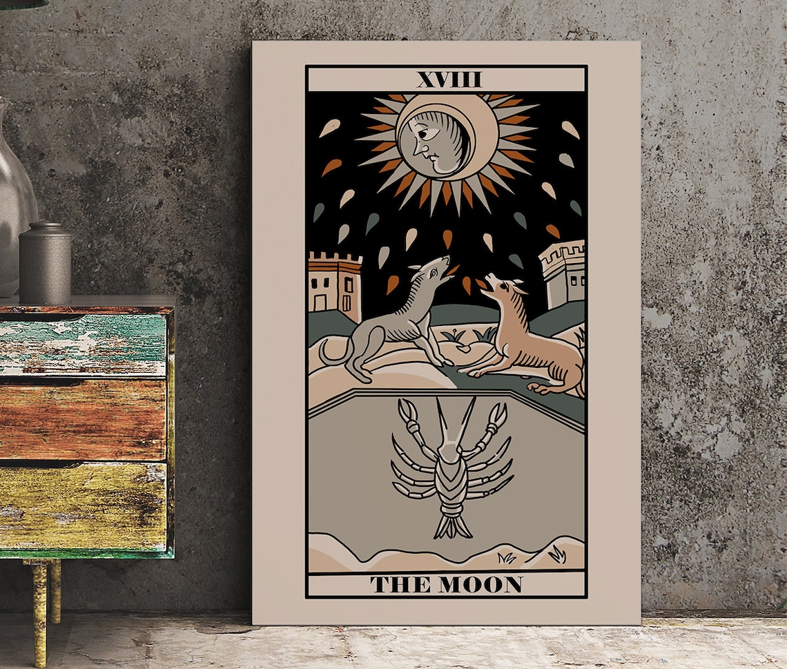 The Moon Tarot Card Vintage Marseille Style Night Sky Art Poster