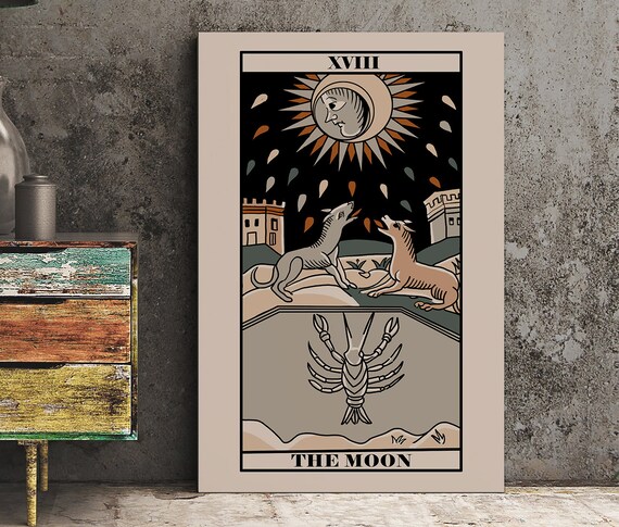 The Moon Tarot Card Vintage Marseille Style Night Sky Art Poster