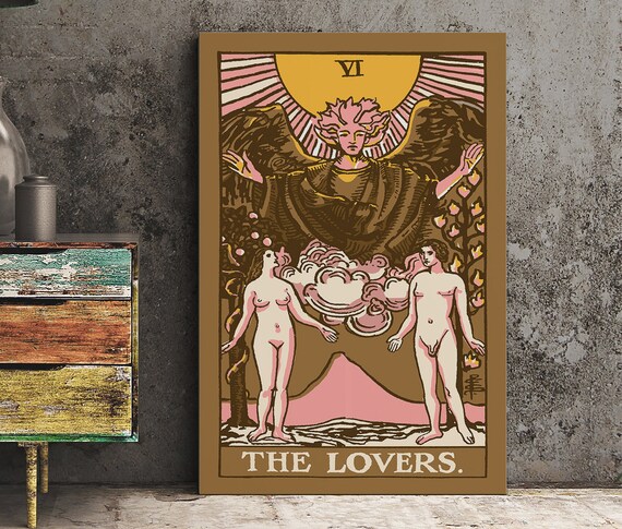 The Lovers Tarot Card VI Vintage Angel Pink Gold Mystical Poster