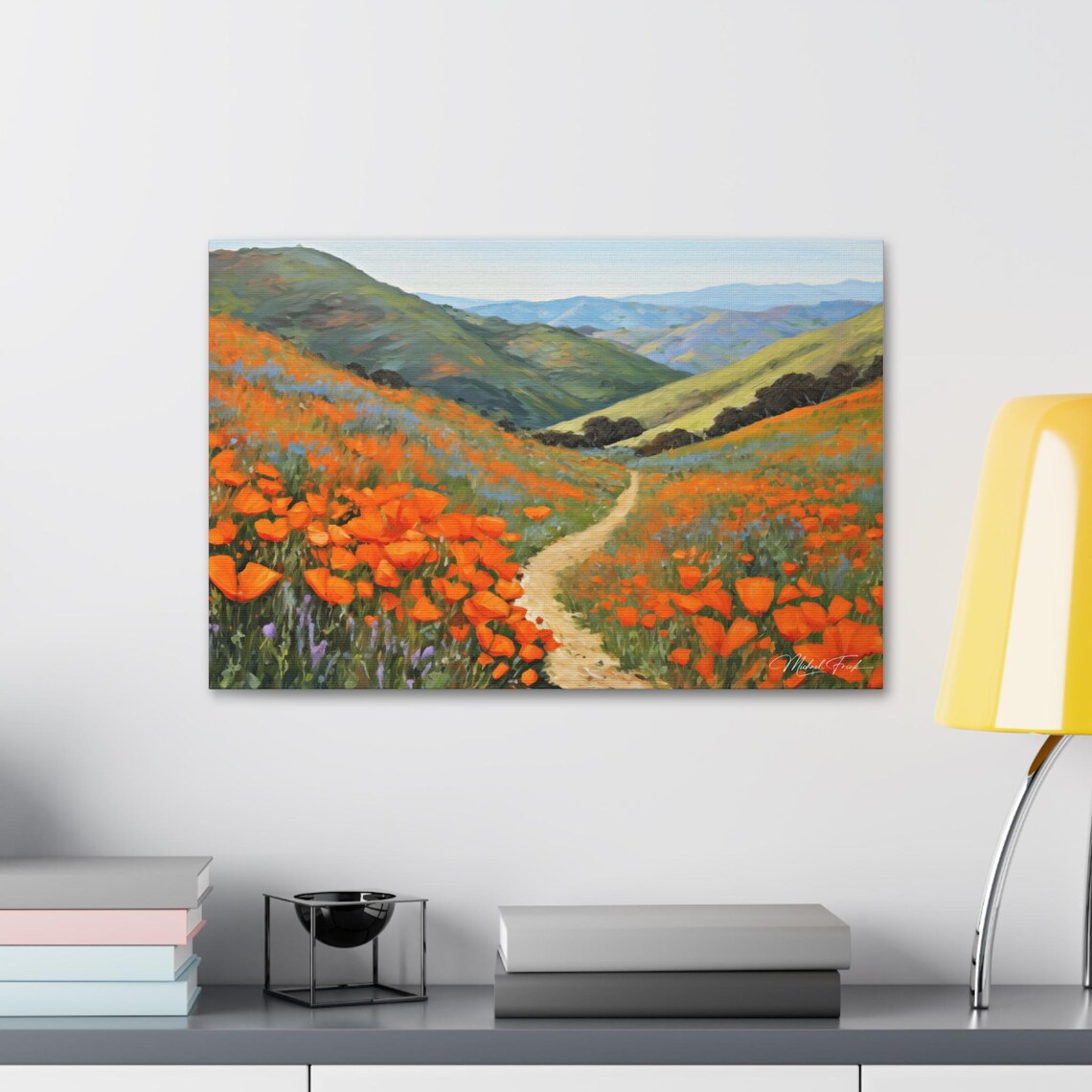 Orange California Poppies Covering A Hillside Valley Path Poster