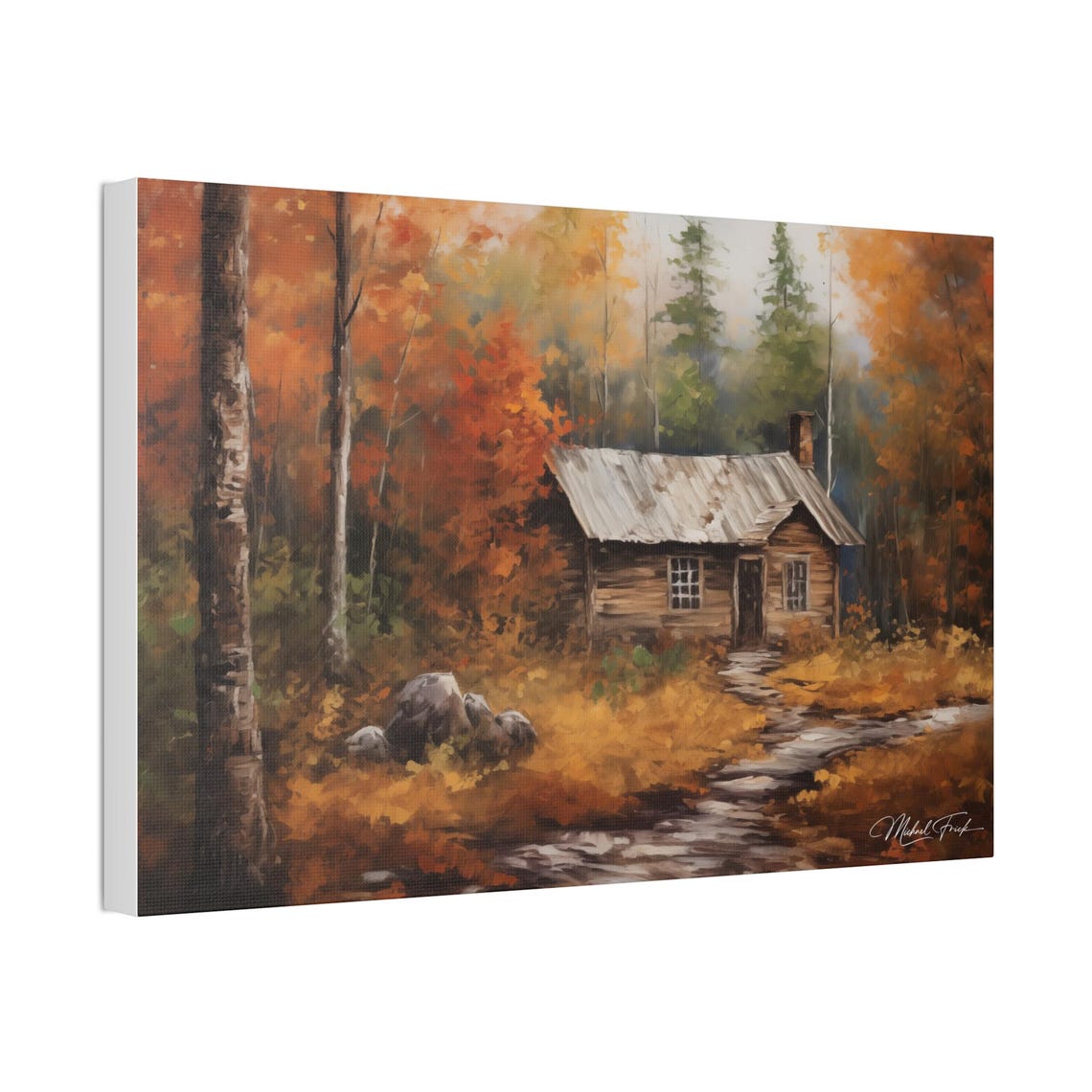 Cozy Log Cabin in Autumn Woods by Stream Fall Foliage Poster - Image 4