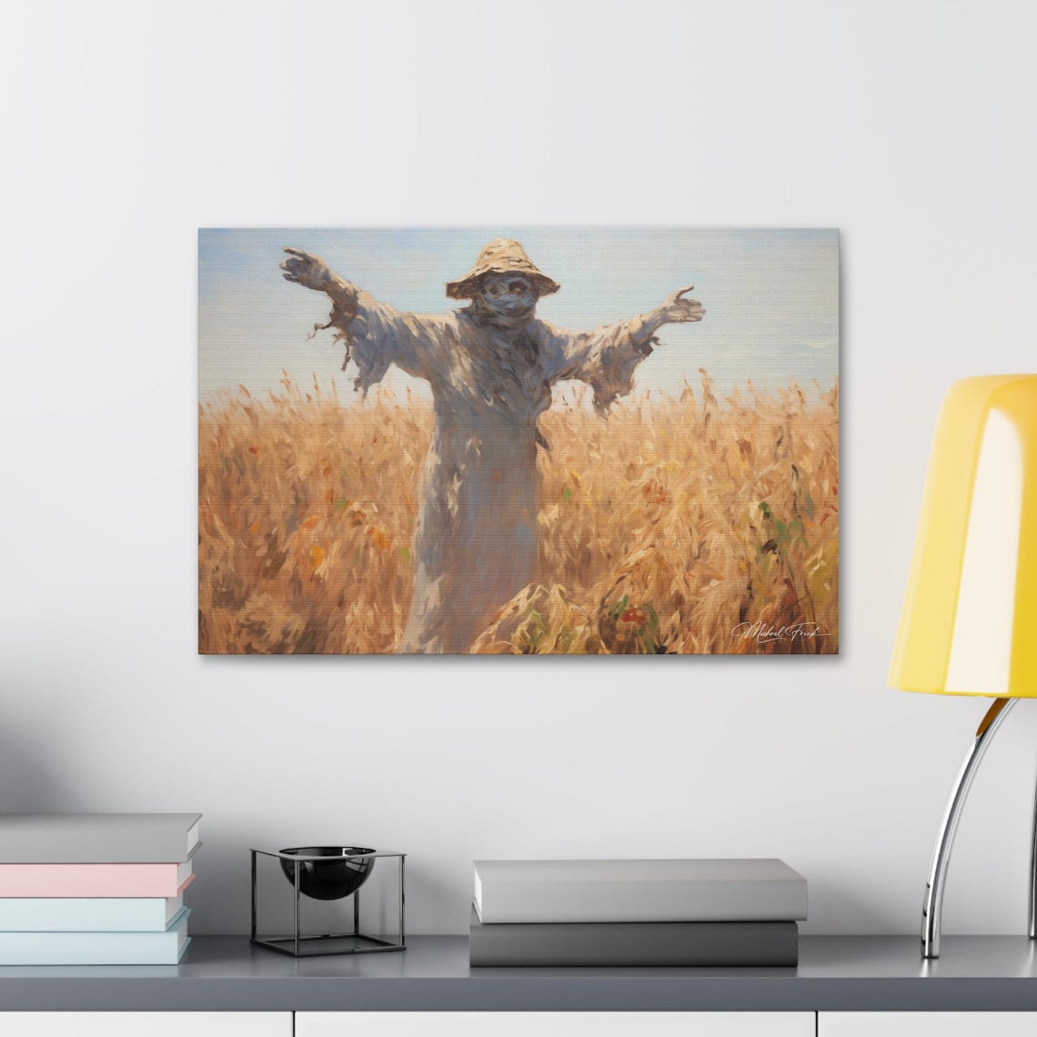 Scarecrow Standing in Golden Wheat Field Summer Day Art Poster