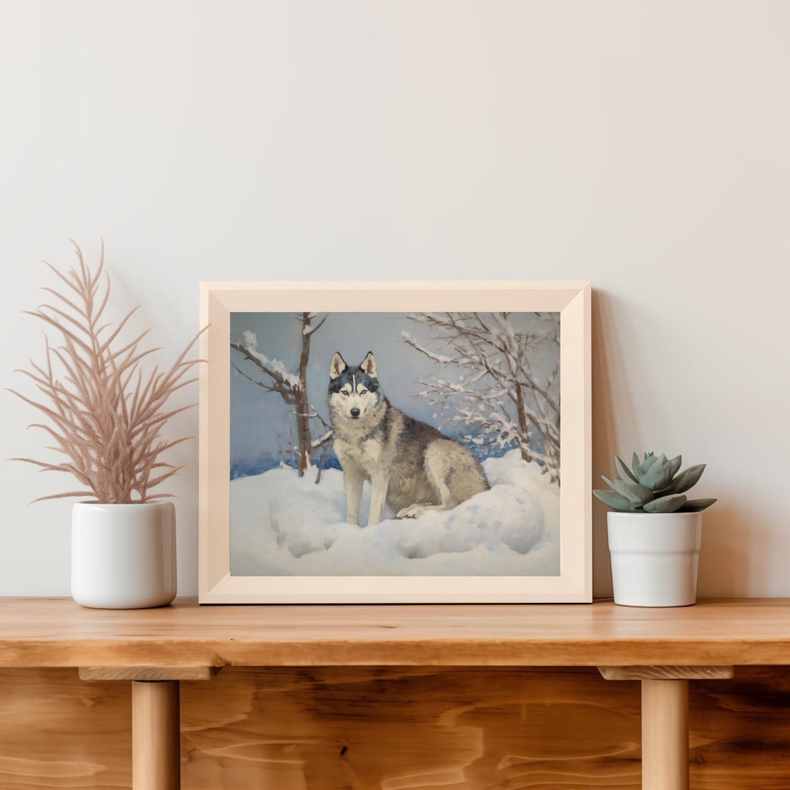 Siberian Husky Standing In Snow Among Birch Trees Art Poster - Image 4