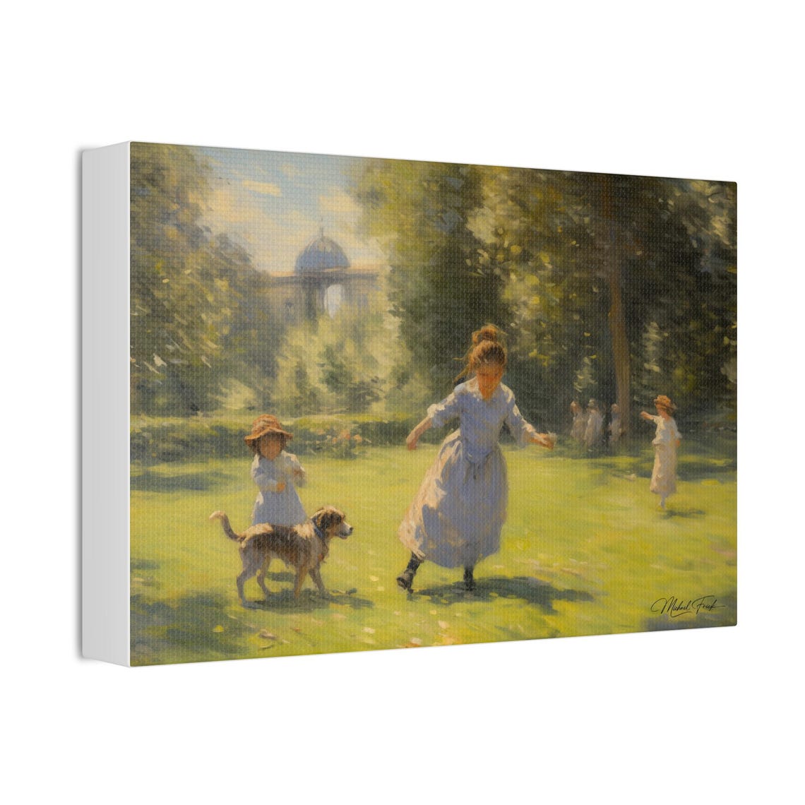 Children Playing With Dog Sunny Summer Park Scene Artwork Poster - Image 3