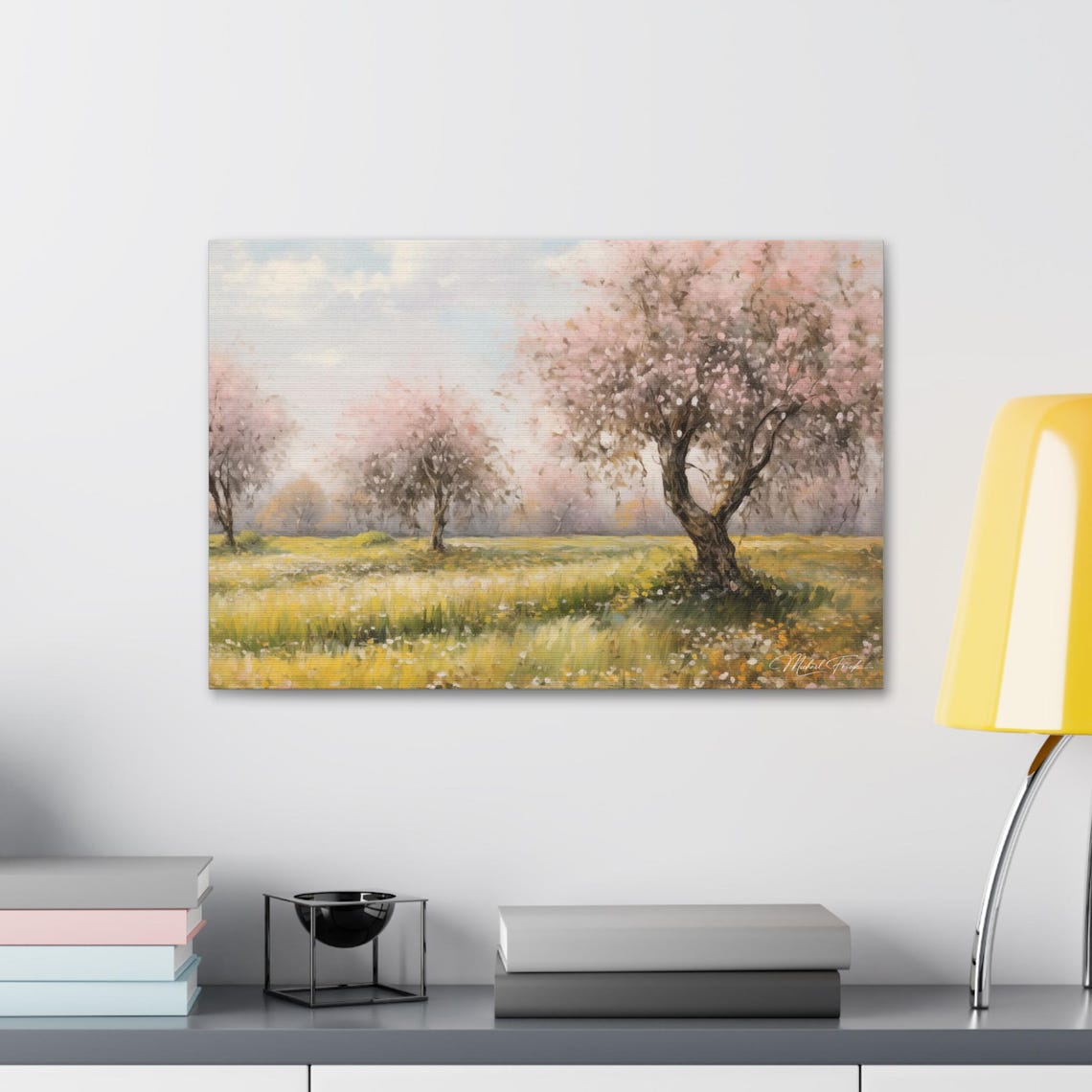 Blooming Cherry Trees Over A Golden Spring Meadow Art Poster