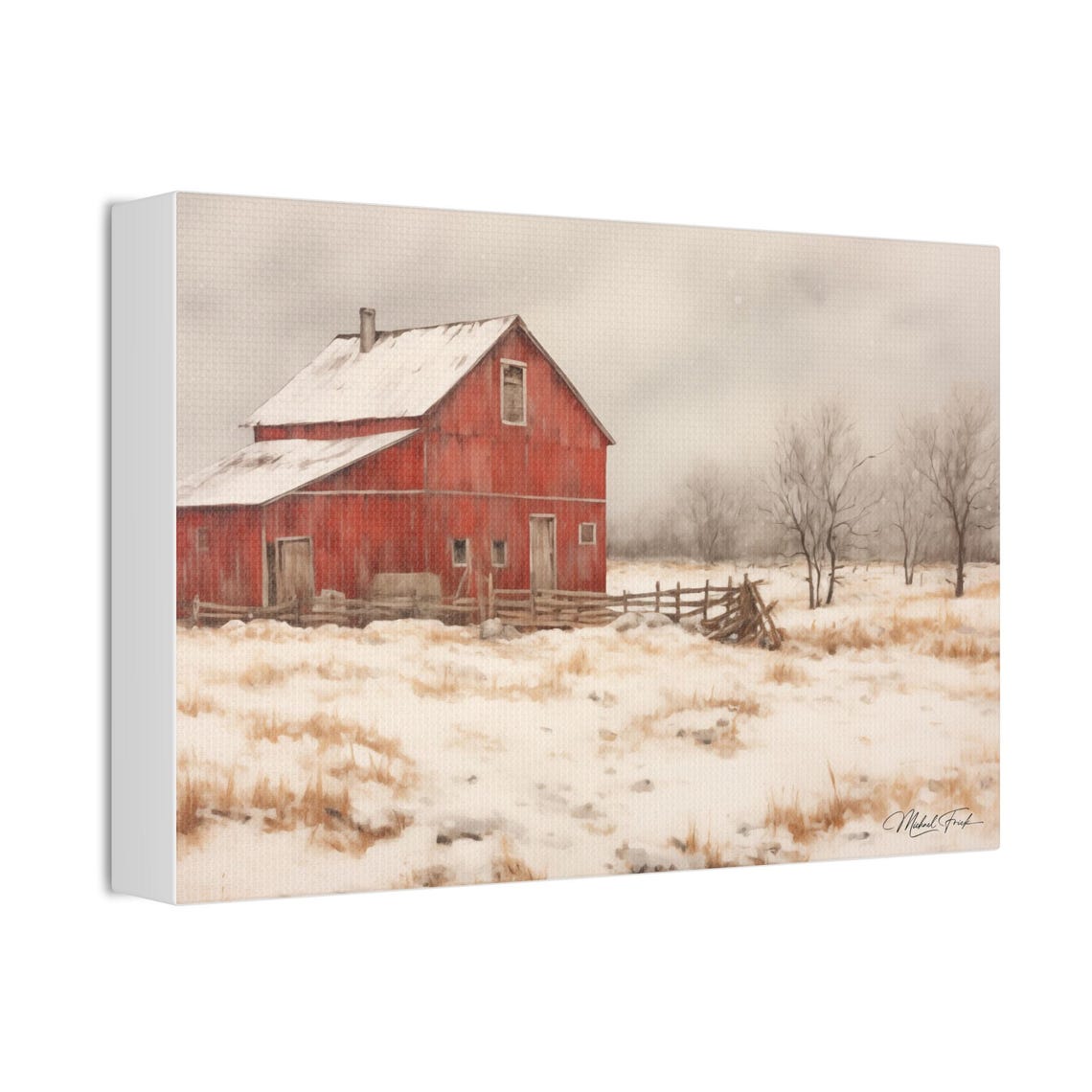 Red Barn in Falling Snow Winter Farmhouse Scene Painting Poster - Image 3